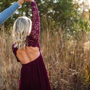 Burgundy Red long sleeve lace maxi dress.